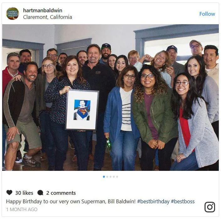 Bill Baldwin Instagram Post - Hartman Baldwin Instagram post showcasing a birthday celebration for Bill Baldwin.
