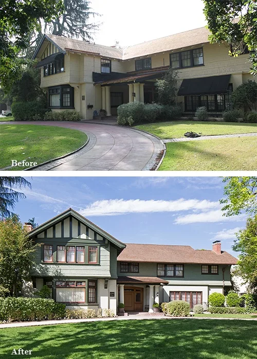 Before and after of Landmark 1910 English Arts & Crafts Home project.