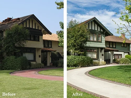 Before and after of Landmark 1910 English Arts & Crafts Home project.